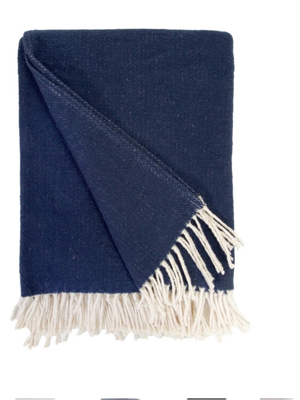 Pom Pom at Home Billie Navy Blue Woven Throw Blanket cover with Cream Fringe